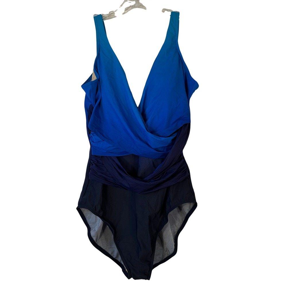 Lands' End Womens Blue Ombre Surplice Ruched One Piece‎ Swimsuit Size 16